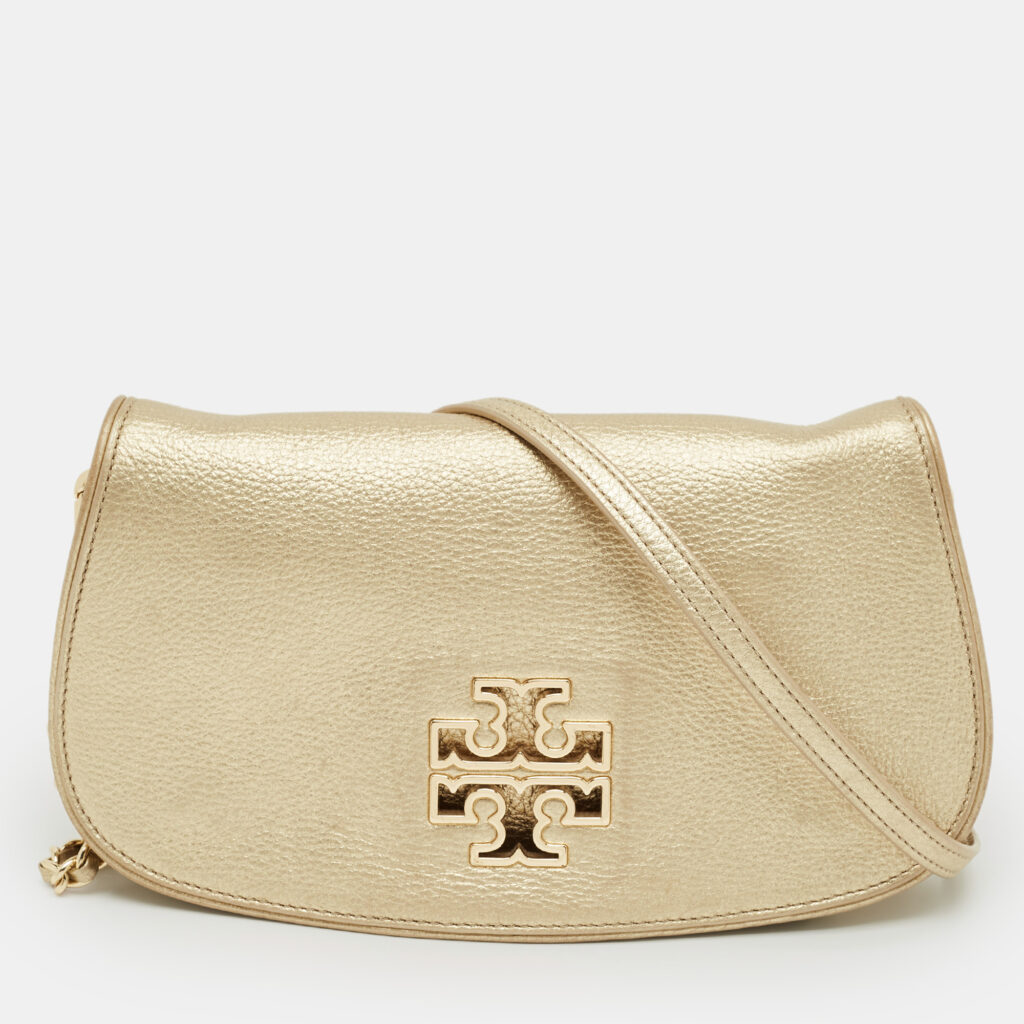 Tory Burch Gold Leather Britten Flap Crossbody Bag