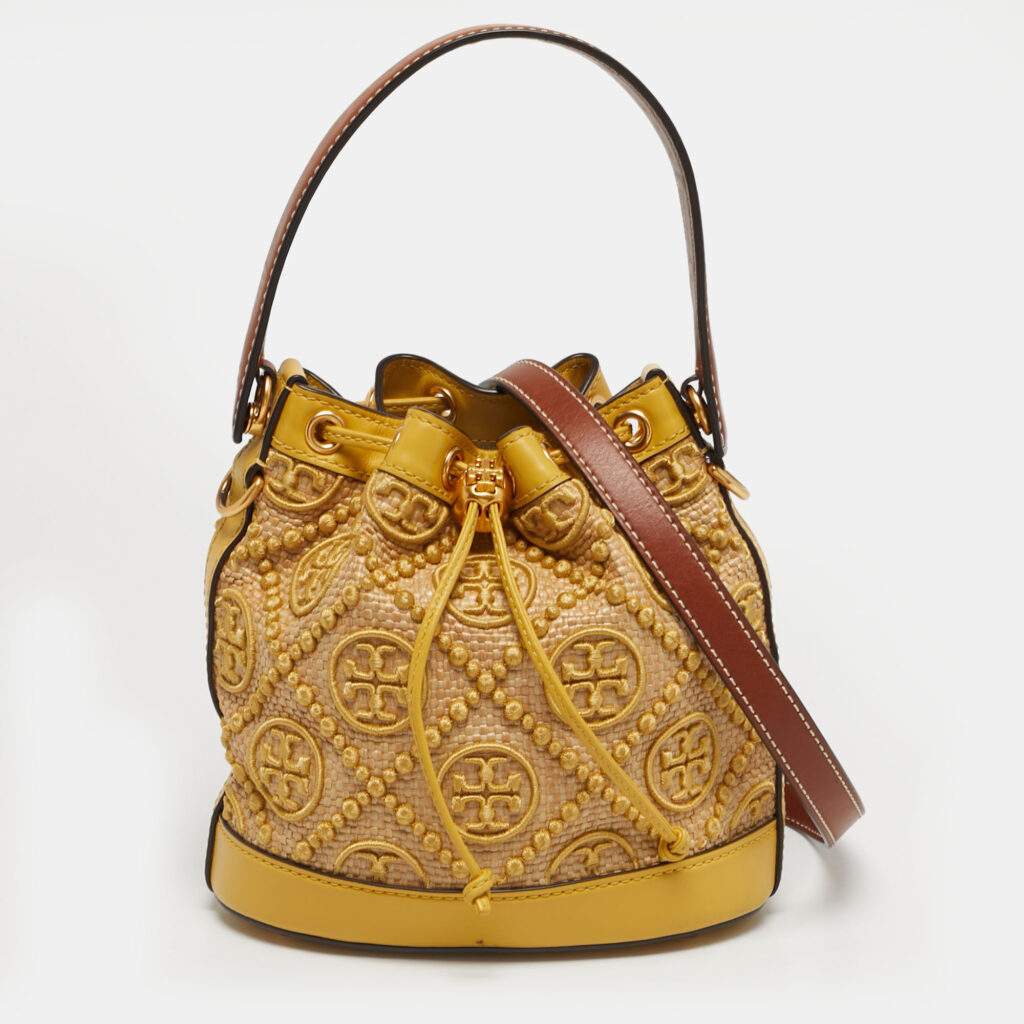 Tory Burch Yellow/Beige Leather and Raffia T Monogram Bucket Bag Tory Burch Yellow/Beige Leather and Raffia T Monogram Bucket Bag