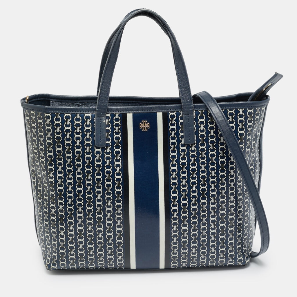 Tory Burch Gemini Link Blue Coated Canvas and Leather Top Zip Tote Tory Burch Gemini Link Blue Coated Canvas and Leather Top Zip Tote