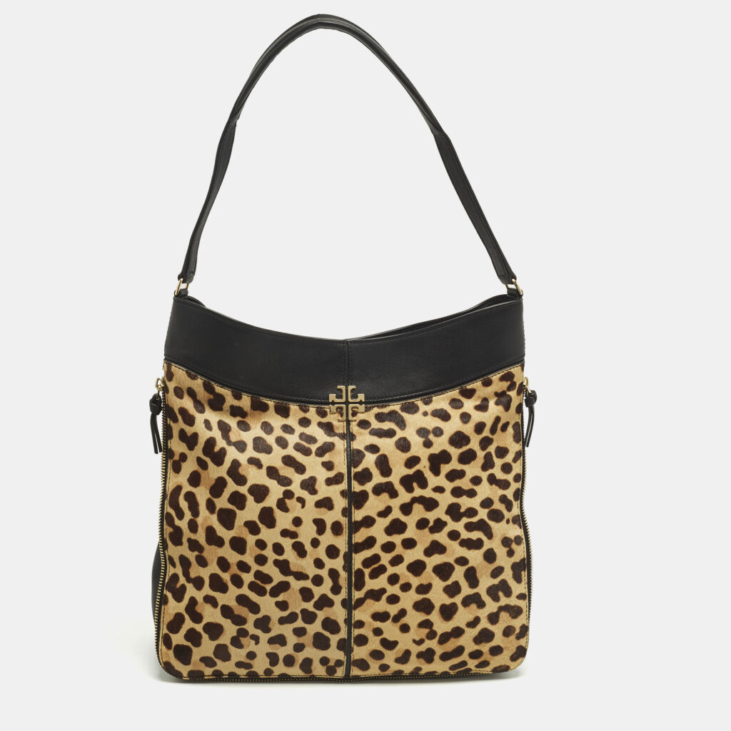 Tory Burch Brown/Black Leopard Print Calfhair and Leather Zip Around Shoulder Bag Tory Burch Brown/Black Leopard Print Calfhair and Leather Zip Around Shoulder Bag