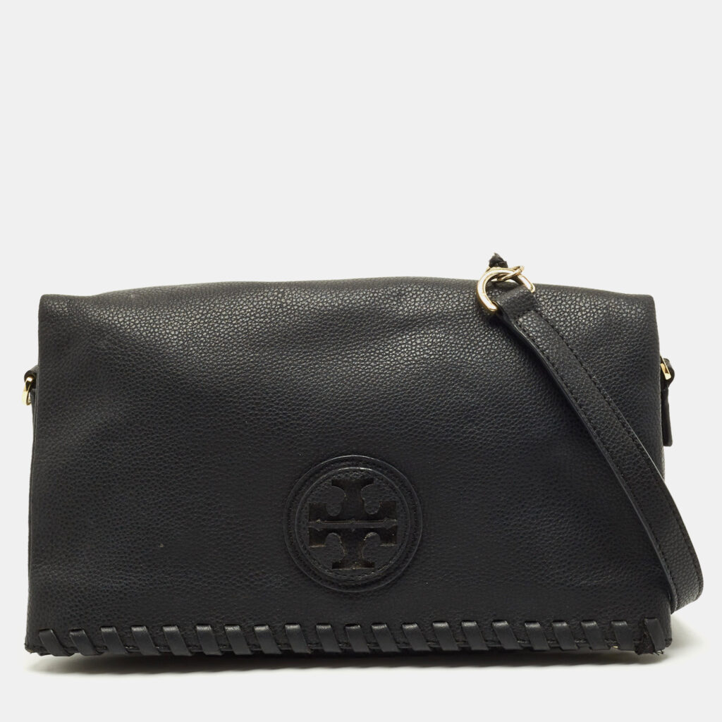 Tory Burch Whipstitch Fold Over Black Leather Crossbody Bag Tory Burch Whipstitch Fold Over Black Leather Crossbody Bag