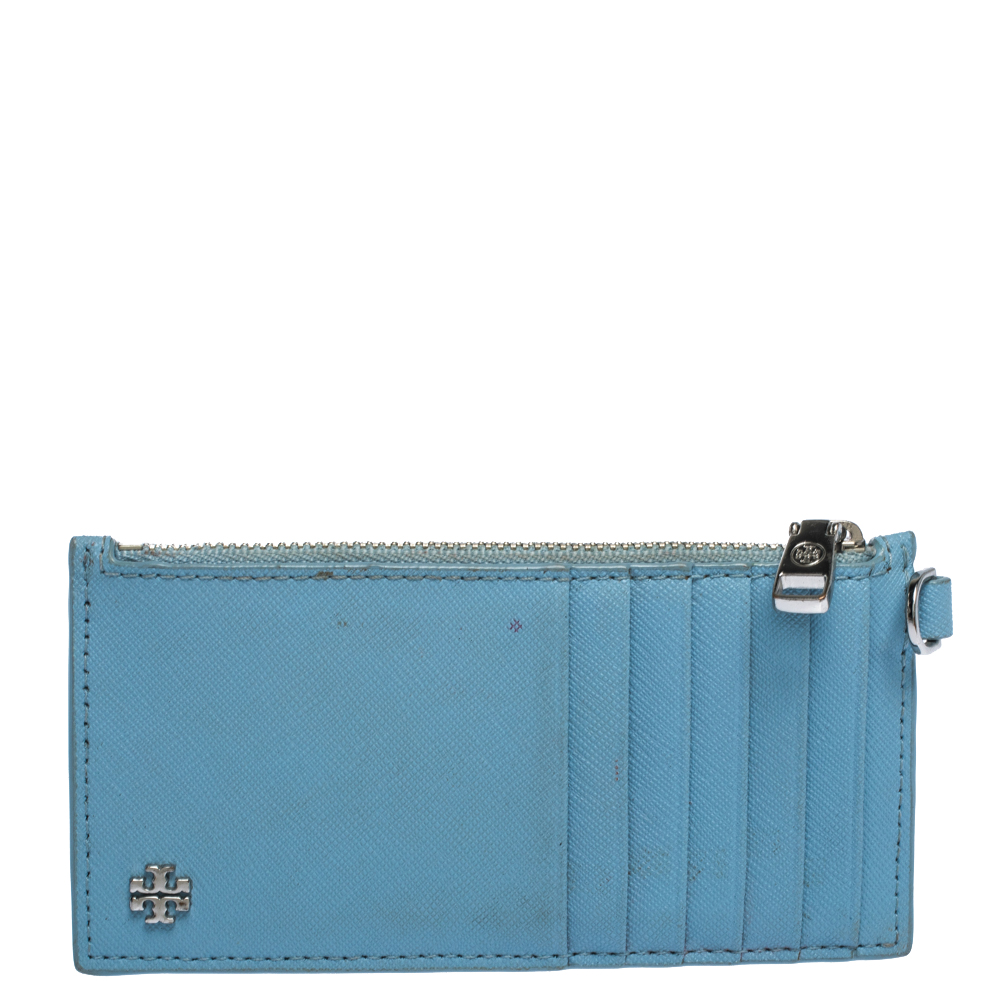 Tory Burch Light Blue Leather Top Zip Slim Card Holder Tory Burch Light Blue Leather Top Zip Slim Card Holder
