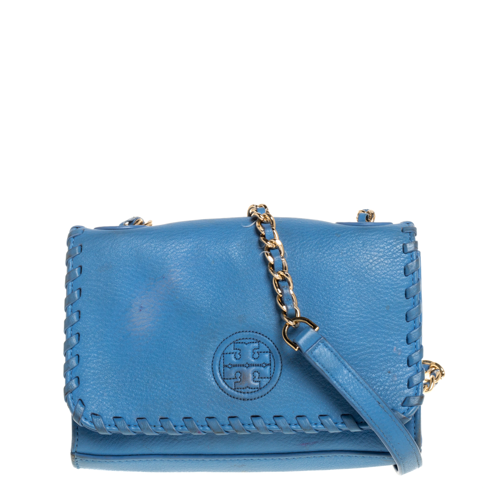 Tory Burch Blue Leather Mini Marion Shrunken Shoulder Bag Tory Burch Blue Leather Mini Marion Shrunken Shoulder Bag