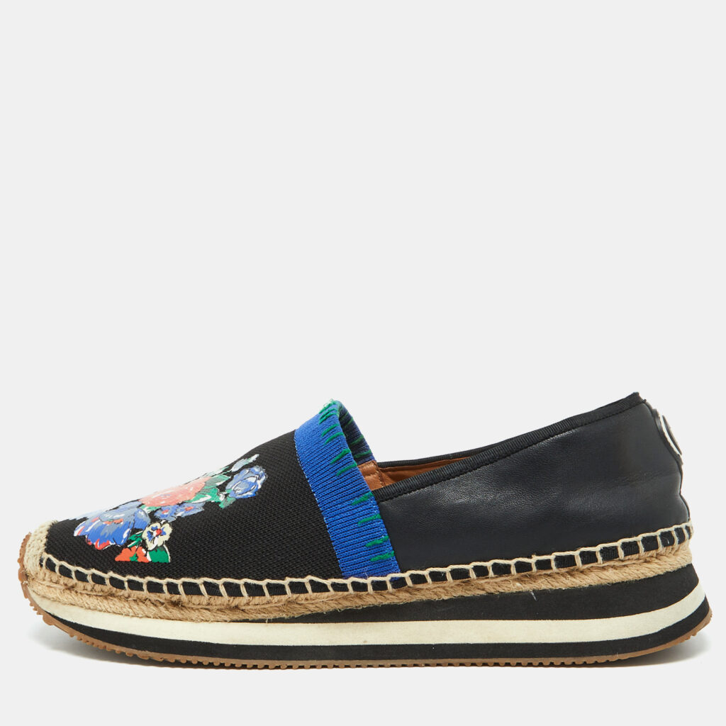 Tory Burch Black/Blue Leather and Knit Fabric Floral Print Espadrille Flats Size 39.5 Tory Burch Black/Blue Leather and Knit Fabric Floral Print Espadrille Flats Size 39.5