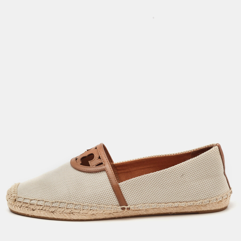 Tory Burch Cream/Brown Canvas Logo Flat Espadrilles Size 39.5 Tory Burch Cream/Brown Canvas Logo Flat Espadrilles Size 39.5
