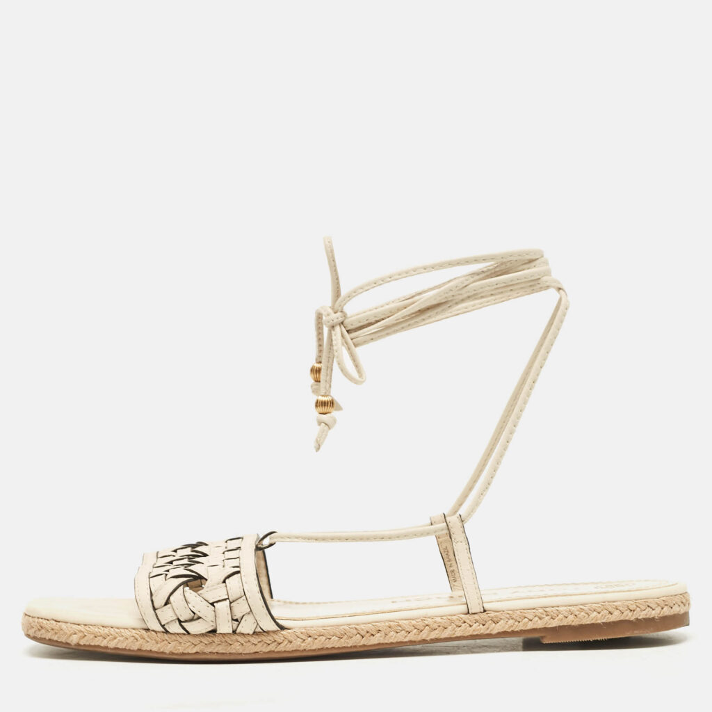 Tory Burch Cream Leather Ankle Wrap Flat Slides Size 39 Tory Burch Cream Leather Ankle Wrap Flat Slides Size 39