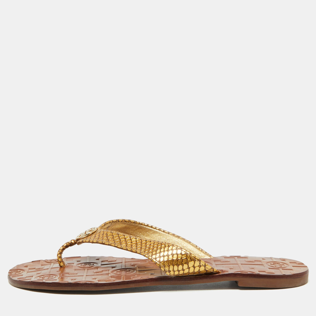 Tory Burch Gold Snakeskin Embossed Leather Monroe Thong Flats Size 37 Tory Burch Gold Snakeskin Embossed Leather Monroe Thong Flats Size 37