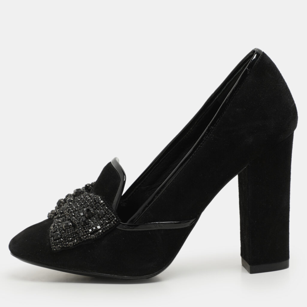 Tory Burch Black Suede Carissa Bow Embellished Pumps Size 36