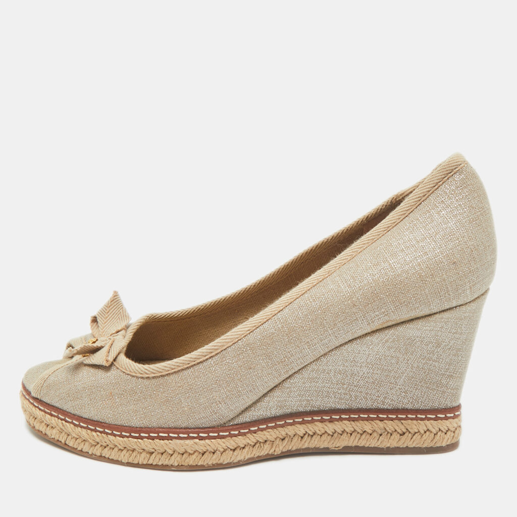 luxury-women-tory-burch-used-shoes-p1166548-001-1.jpg Tory Burch Grey Canvas Jackie Bow Peep Toe Wedge Espadrille Pumps Size 40