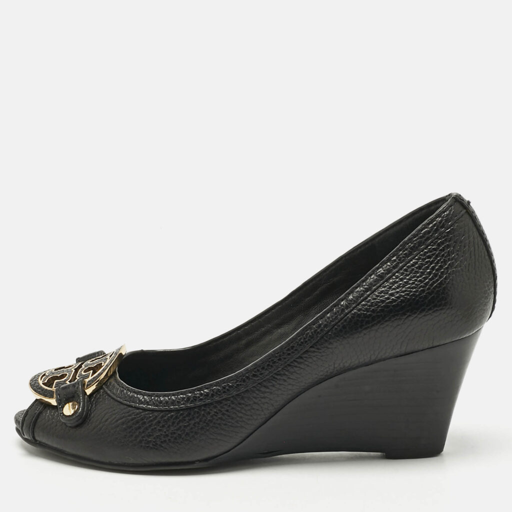 Tory Burch Black Leather Amanda Peep Toe Wedge Pumps Size 37.5