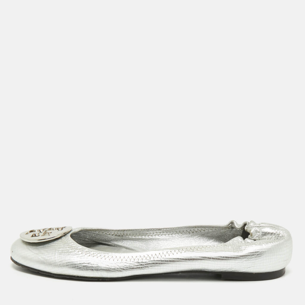 Tory Burch Metallic Silver Leather Reva Scrunch Ballet Flats Size 41 Tory Burch Metallic Silver Leather Reva Scrunch Ballet Flats Size 41