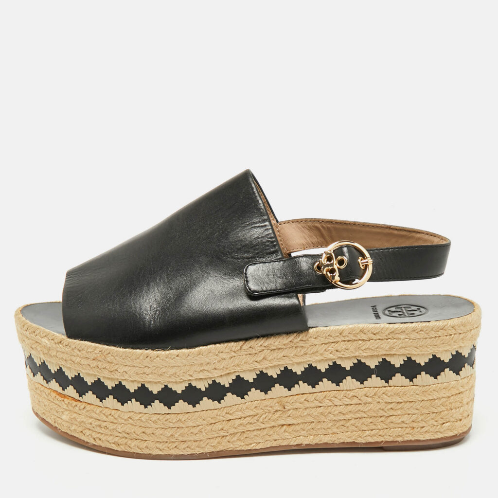 Tory Burch Black Leather Wedge Espadrille Sandals Size 40 Tory Burch Black Leather Wedge Espadrille Sandals Size 40