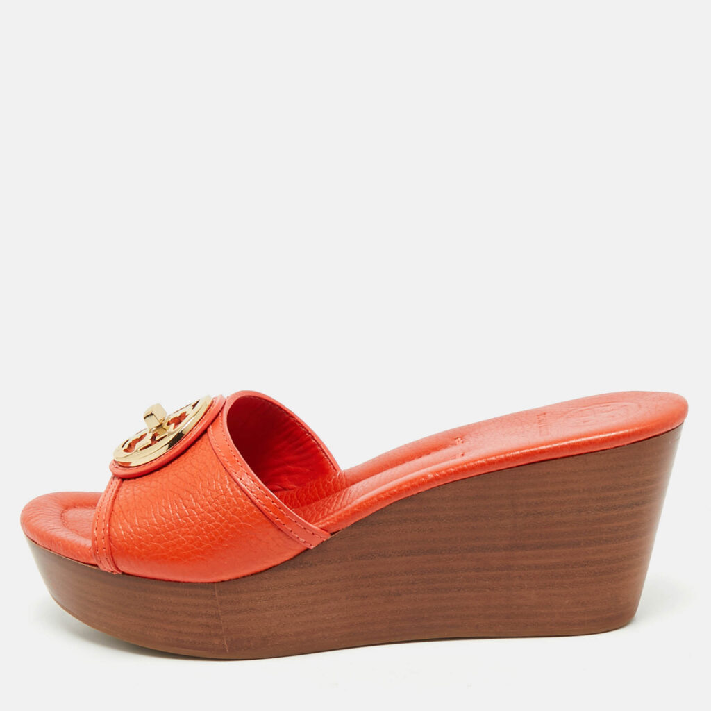 Tory Burch Orange Leather Patty Wedge Slide Sandals Size 38.5