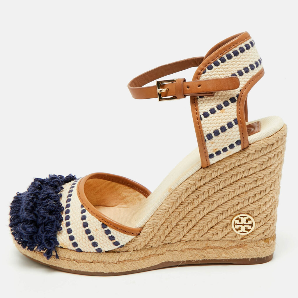 Tory Burch Multicolor Canvas And Leather Trim Wedge Espadrille Sandals Size 38 Tory Burch Multicolor Canvas And Leather Trim Wedge Espadrille Sandals Size 38