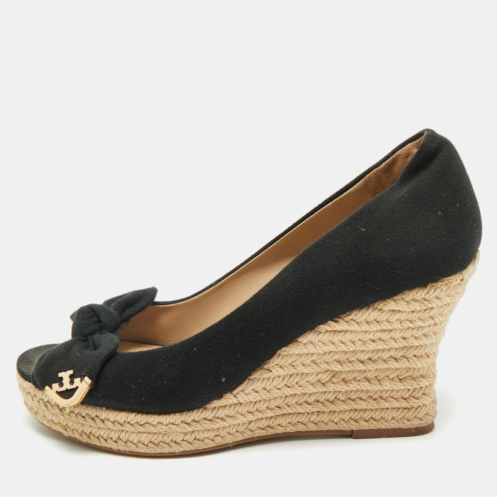 Tory Burch Black Fabric Bow Peep-Toe Espadrille Wedge Pumps Size Size 37.5 Tory Burch Black Fabric Bow Peep-Toe Espadrille Wedge Pumps Size Size 37.5