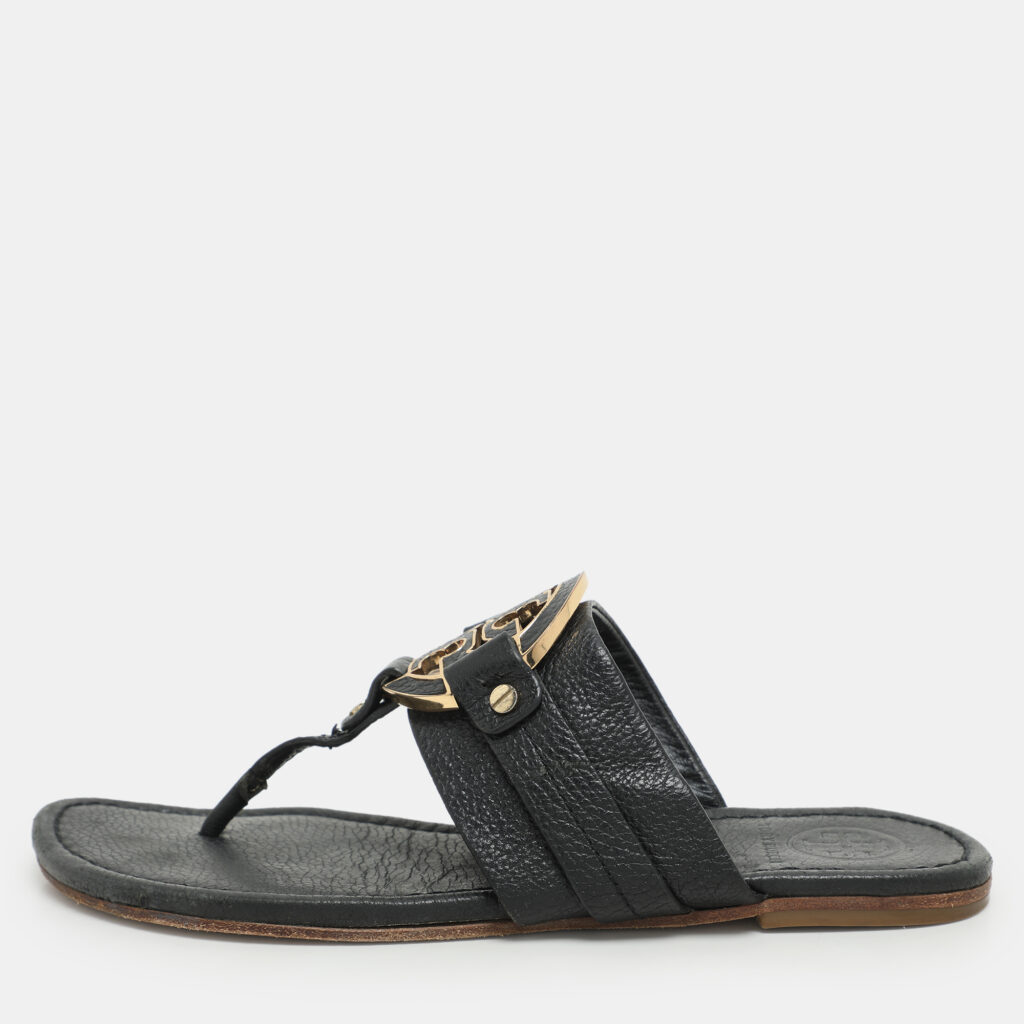 Tory Burch Black Leather Amanda Thong Flat Sandals Size 38