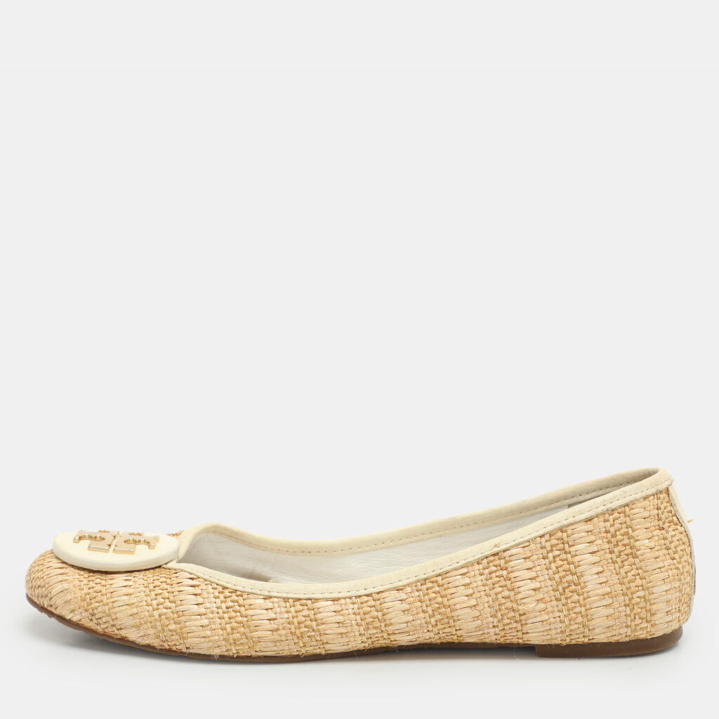 Tory Burch Beige/Cream Raffia and Leather Reva Ballet Flats Size 38 Tory Burch Beige/Cream Raffia and Leather Reva Ballet Flats Size 38