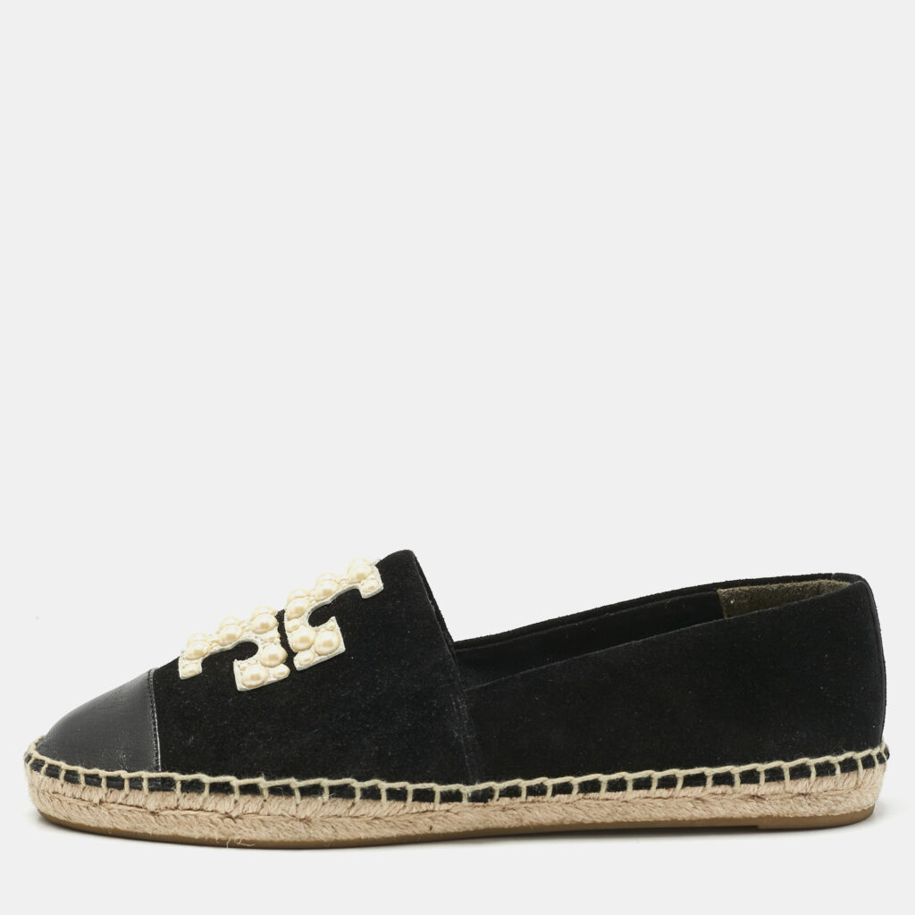 Tory Burch Black Leather and Suede Slip On Espadrille Flats Size 37