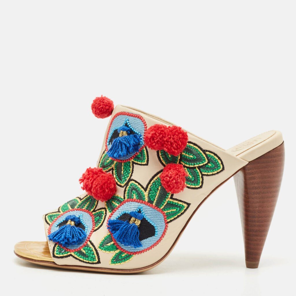 Tory Burch Multicolor Leather and Embroidered Fabric Pom Pom Open Toe Mules Size 38