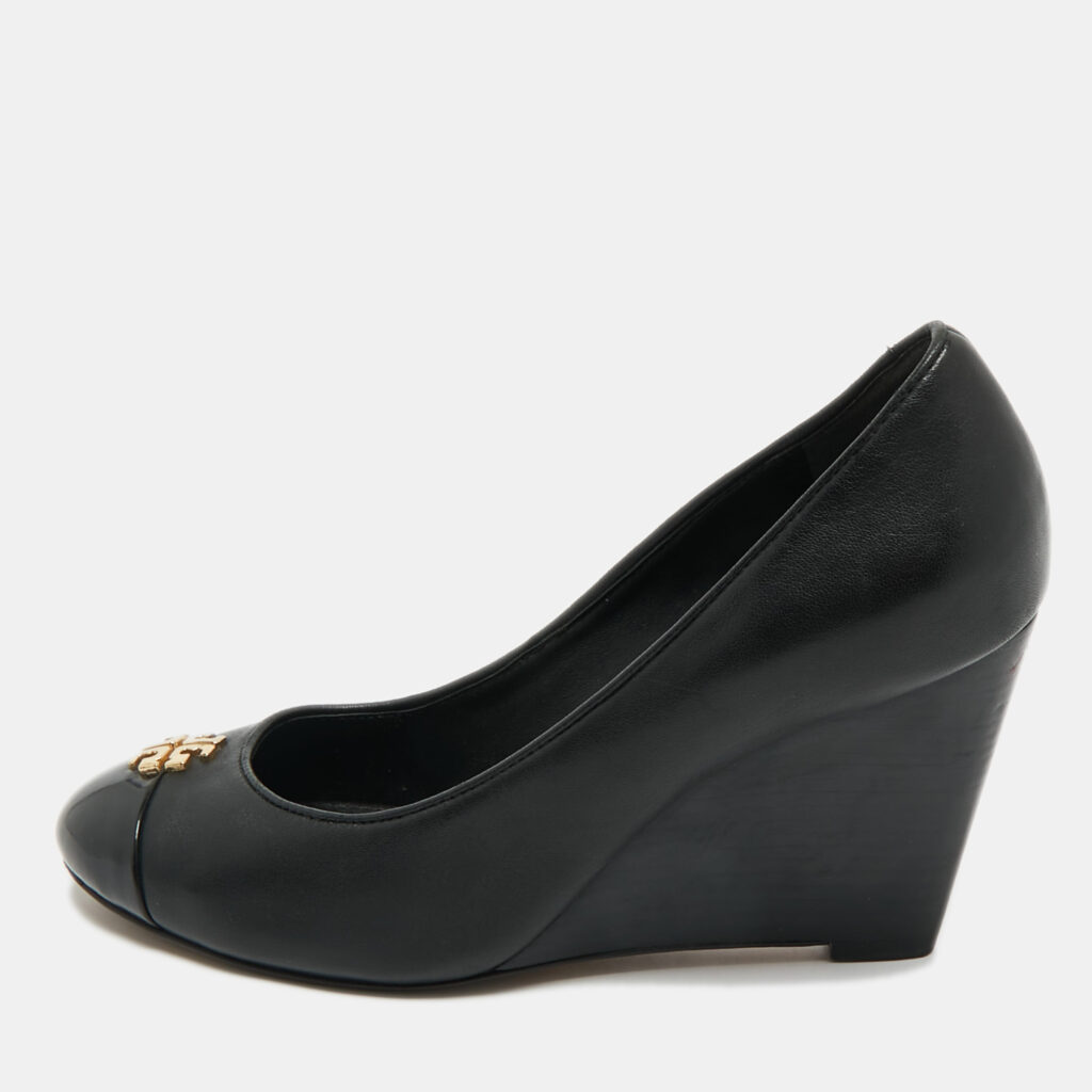 Tory Burch Black Leather Amanda Wedge Pumps Size 35.5