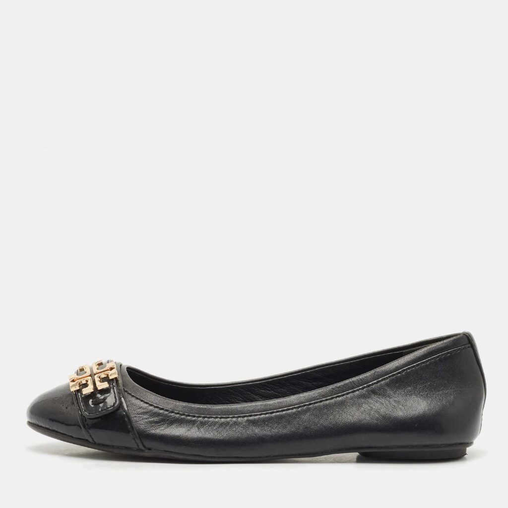 Tory Burch Black Leather Minnie Ballet Flats Size 37.5