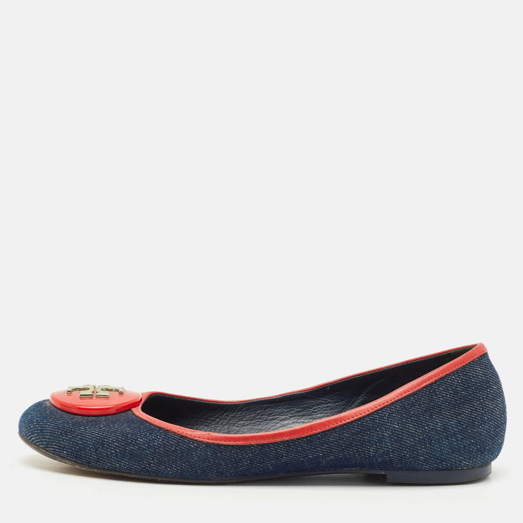 Tory Burch Blue/Red Denim and Leather Reva Ballet Flats Size 38.5 Tory Burch Blue/Red Denim and Leather Reva Ballet Flats Size 38.5