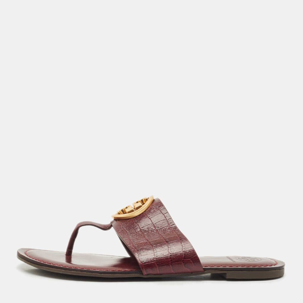 Tory Burch Burgundy Croc Embossed Leather Amanda Thong Sandals Size 37.5