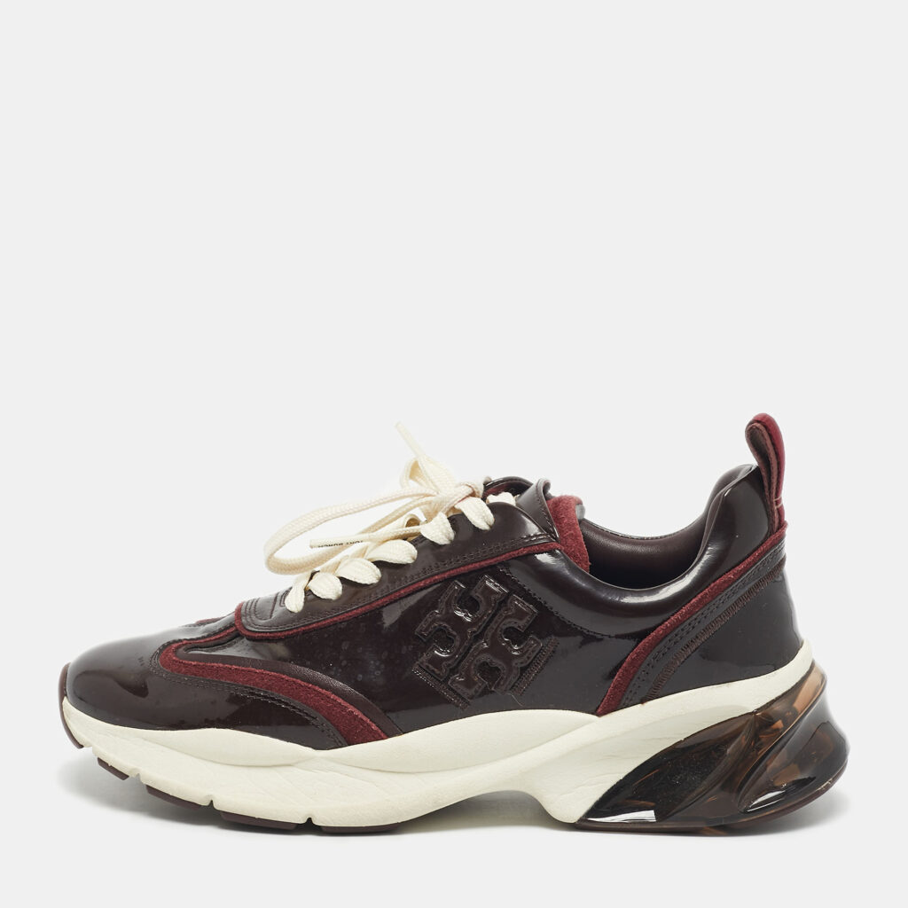 Tory Burch Burgundy Suede and Patent Leather Low Top Sneakers Size 39.5