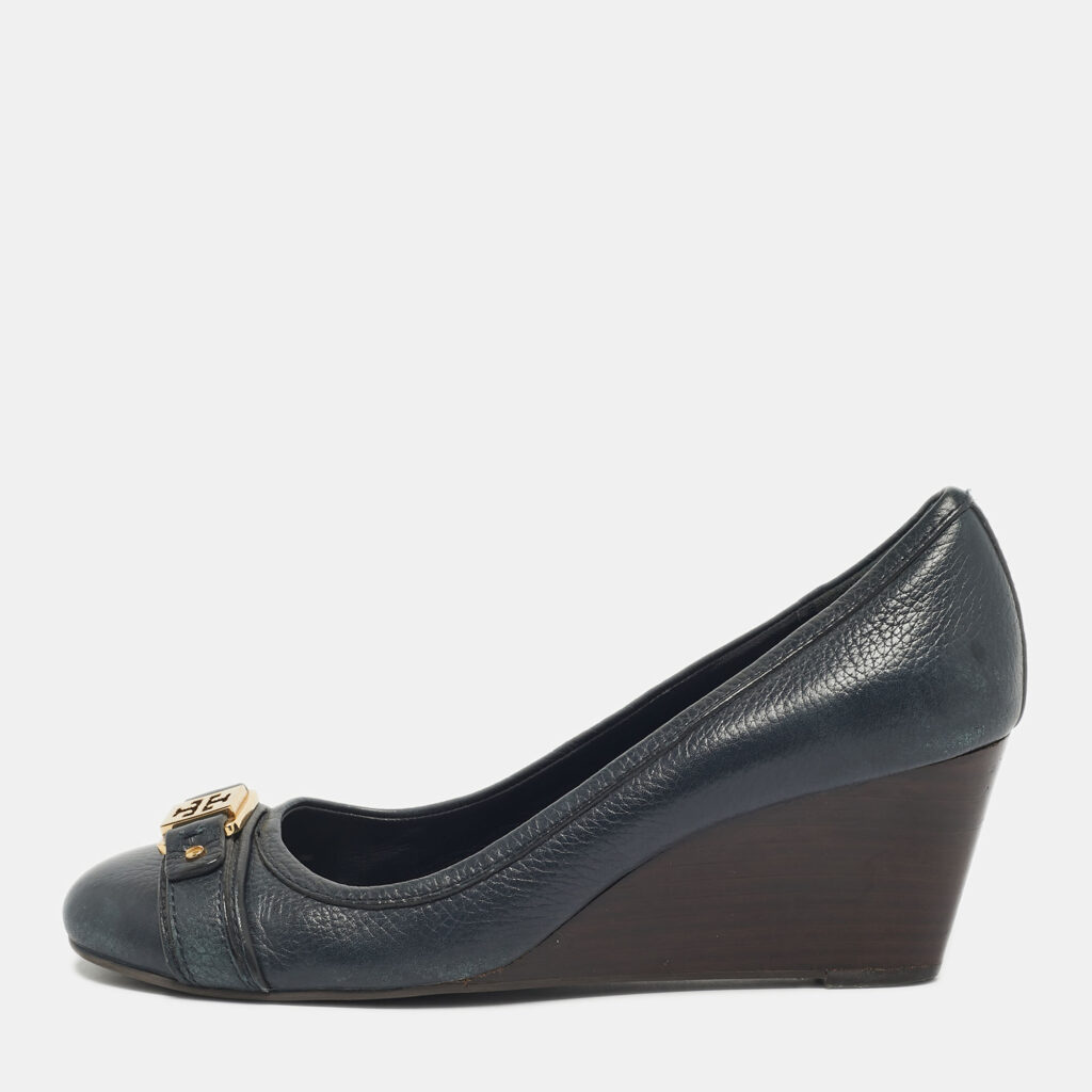 Tory Burch Navy Blue Leather Lowell Wedge Pumps Size 39.5 Tory Burch Navy Blue Leather Lowell Wedge Pumps Size 39.5