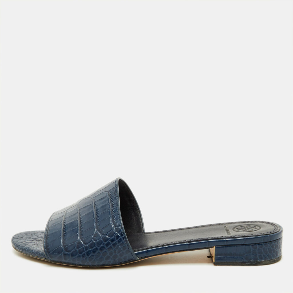 Tory Burch Navy Blue Croc Embossed Leather Martine Flat Slide Sandals Size 38.5 Tory Burch Navy Blue Croc Embossed Leather Martine Flat Slide Sandals Size 38.5