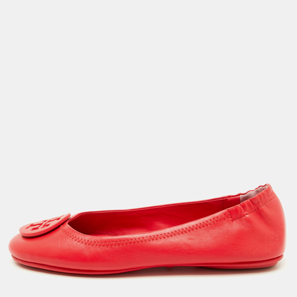 Tory Burch Rose Red Leather Reva Logo Ballet Flats Size 37