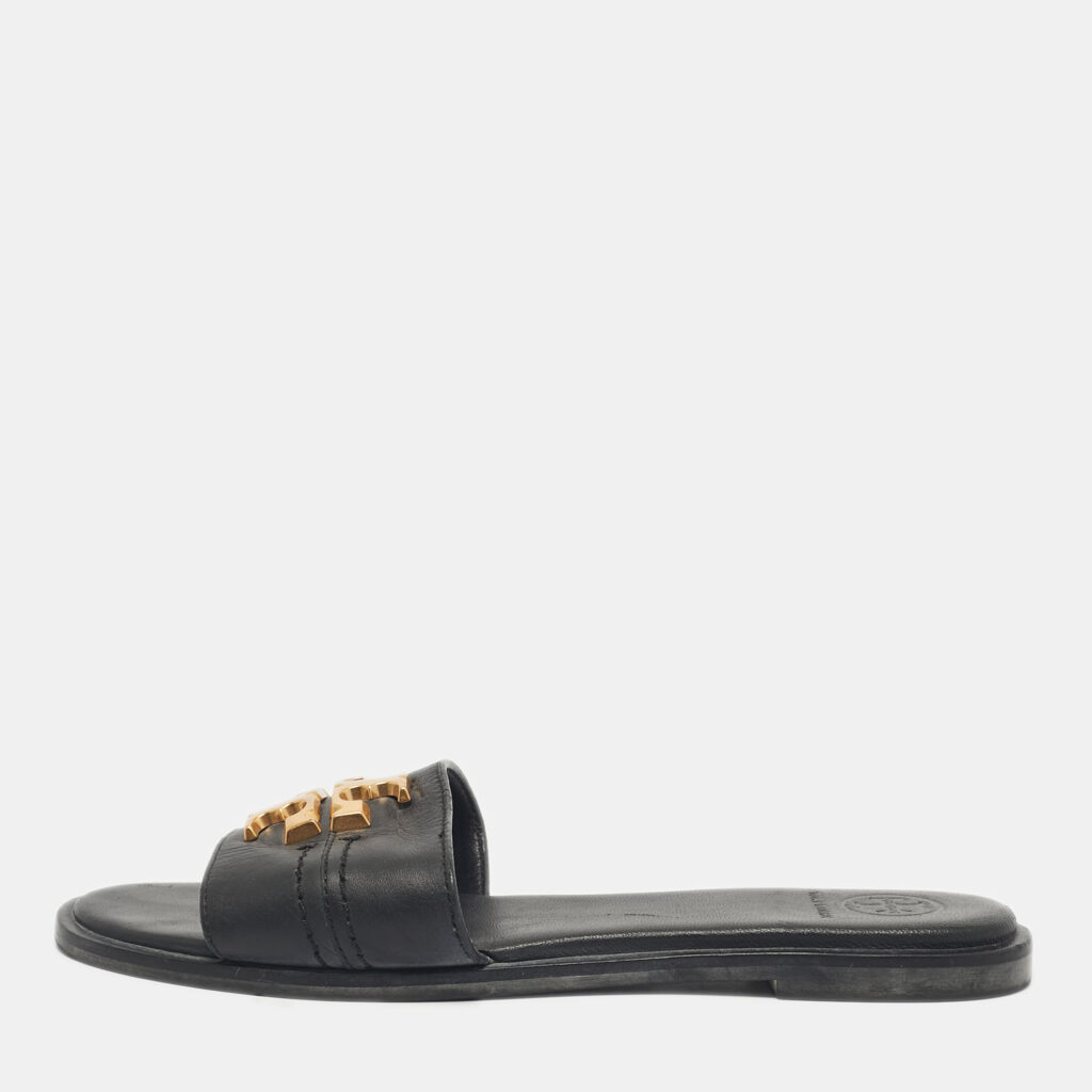 Tory Burch Black Leather Everly Flat Slides Size 36
