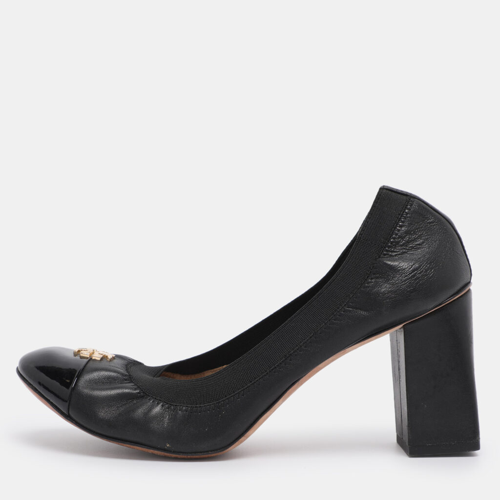 Tory Burch Black Leather Cap Toe Jolie Block Heel Pumps Size 38 Tory Burch Black Leather Cap Toe Jolie Block Heel Pumps Size 38