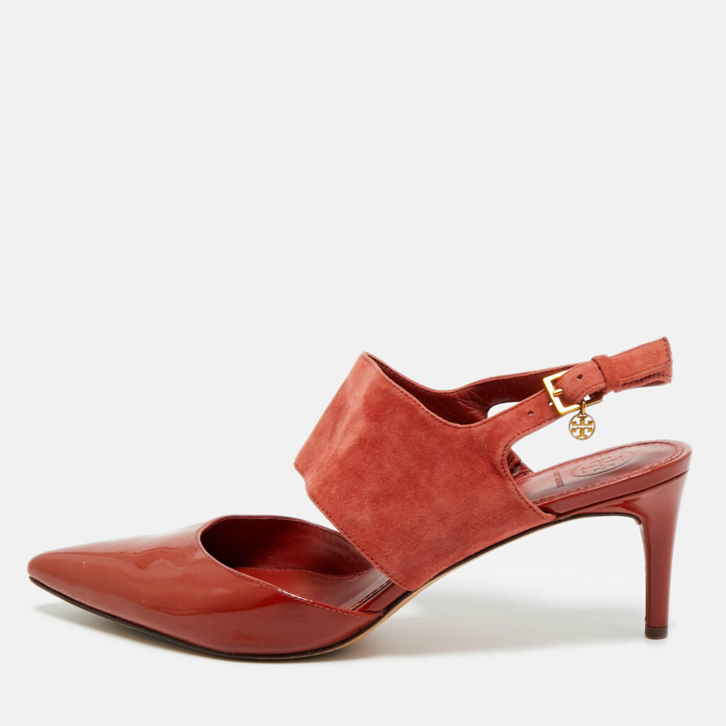 Tory Burch Red Patent Leather and Suede Pointed Toe Slingback Pumps Size 39.5