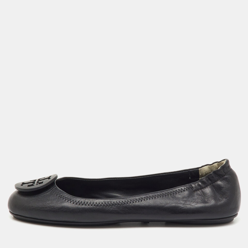 Tory Burch Black Leather Reva Logo Scrunch Ballet Flats Size 38 Tory Burch Black Leather Reva Logo Scrunch Ballet Flats Size 38