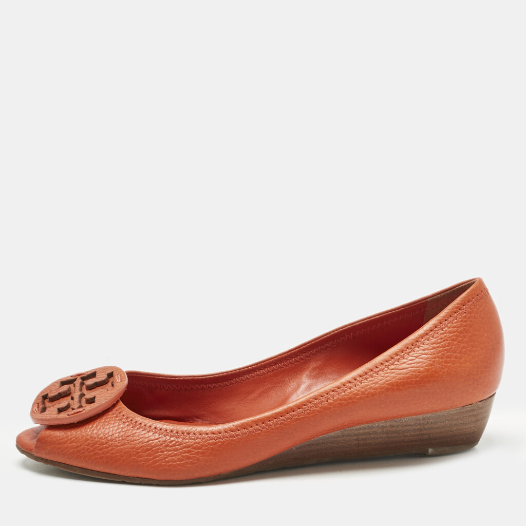 Tory Burch Orange Leather Janey Wedge Pumps Size 38.5 Tory Burch Orange Leather Janey Wedge Pumps Size 38.5