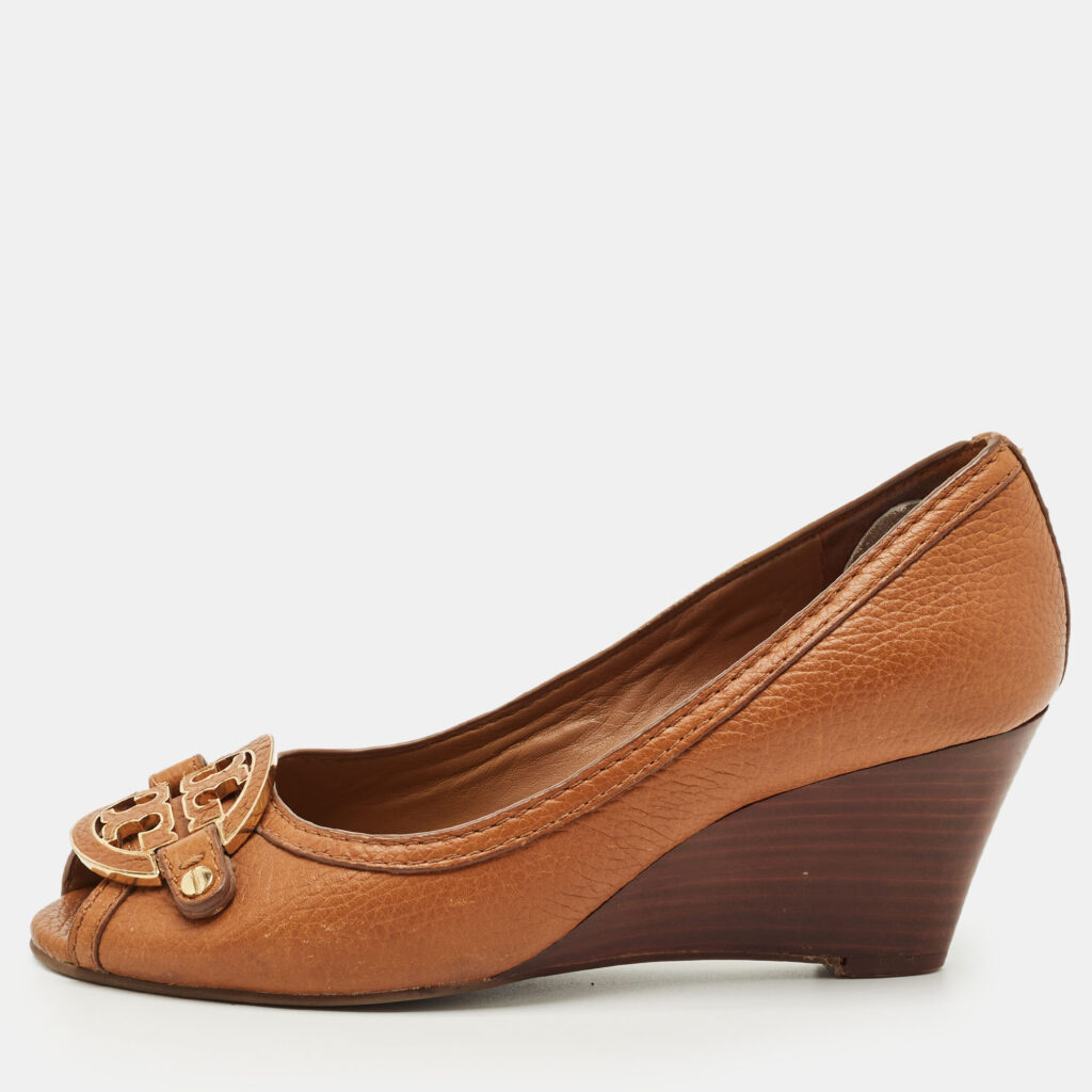 Tory Burch Brown Leather Amanda Peep Toe Wedge Pumps Size 37 Tory Burch Brown Leather Amanda Peep Toe Wedge Pumps Size 37