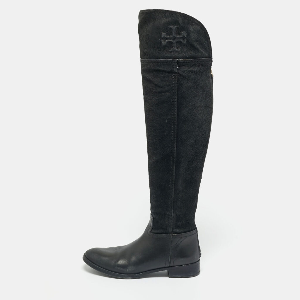 Tory Burch Black Leather and Nubuck Leather Knee Length Boots Size 37.5