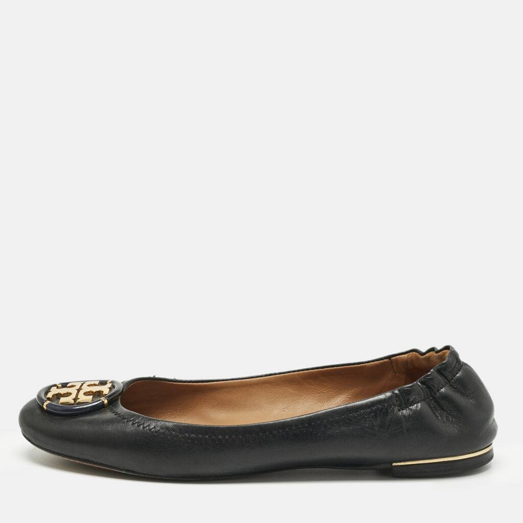 Tory Burch Black Leather Minnie Travel Scrunch Ballet Flats Size 38 Tory Burch Black Leather Minnie Travel Scrunch Ballet Flats Size 38