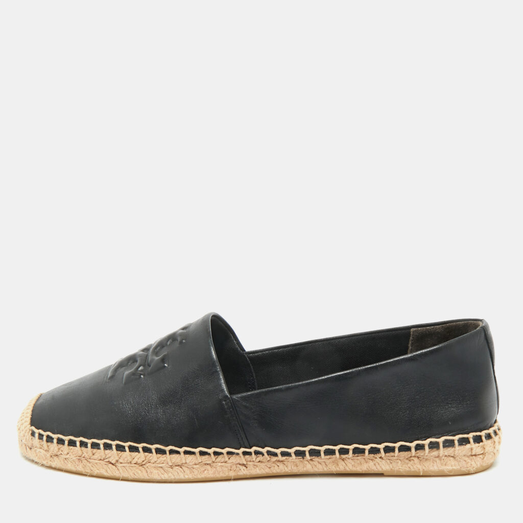 Tory Burch Black Leather Ines Logo Espadrille Flats Size 38.5 Tory Burch Black Leather Ines Logo Espadrille Flats Size 38.5