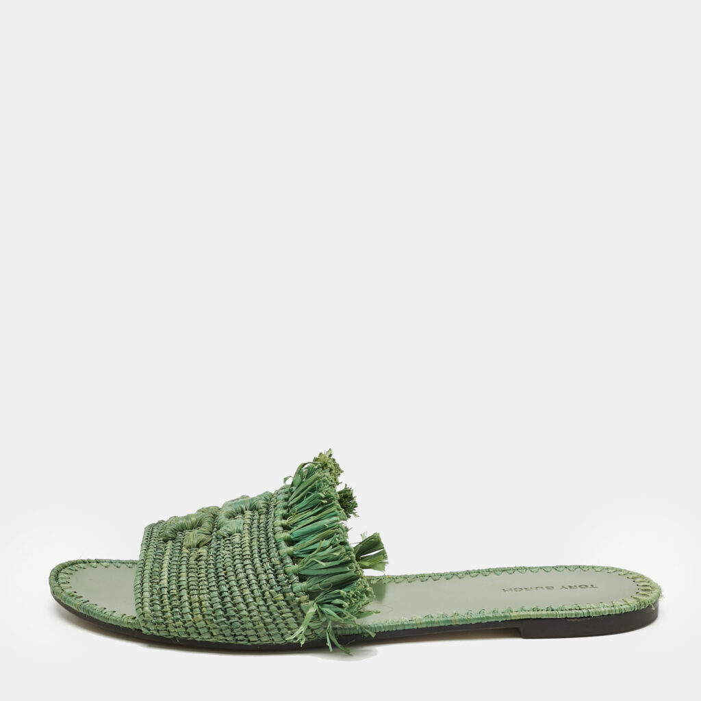Tory Burch Green Raffia Eleanor Flat Slides Size 39