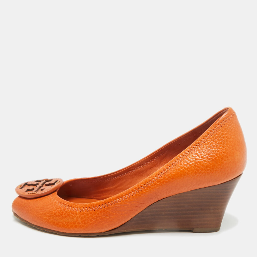 Tory Burch Orange Leather Logo Peep Toe Wedge Pumps Size 38