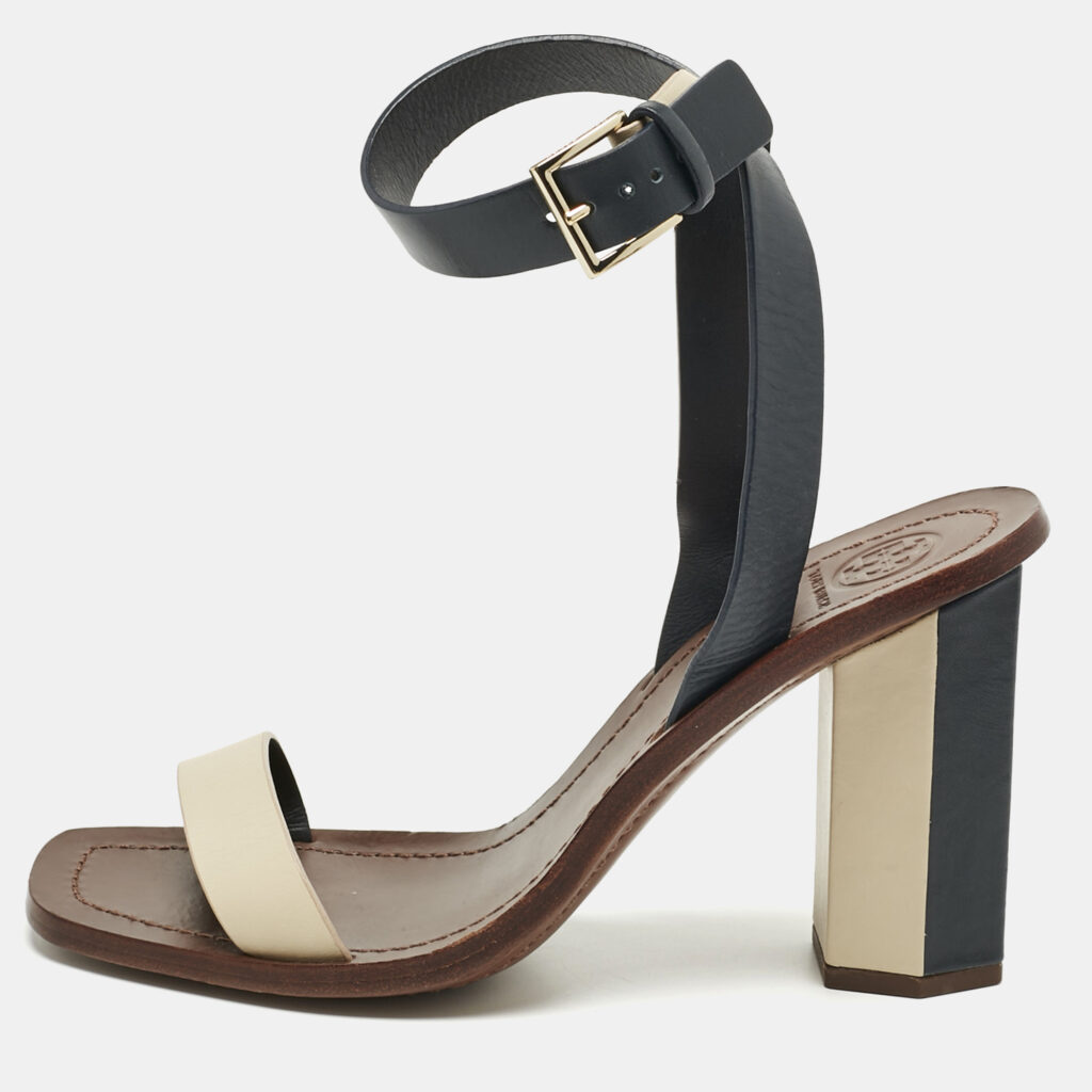 Tory Burch Navy Blue/Cream Leather Ankle Strap Block Heel Sandals Size 38.5