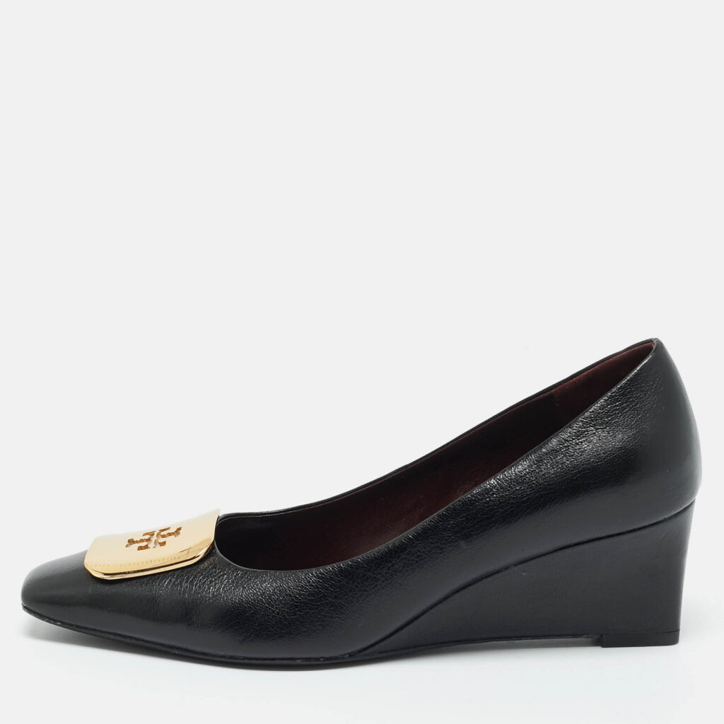 Tory Burch Black Leather Georgia Wedge Pumps Size 37