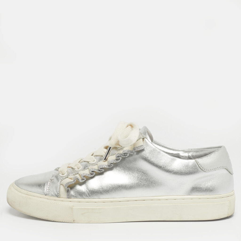 Tory Burch Silver/White Leather Tory Sport Ruffle Low Top Sneakers Size 37 Tory Burch Silver/White Leather Tory Sport Ruffle Low Top Sneakers Size 37