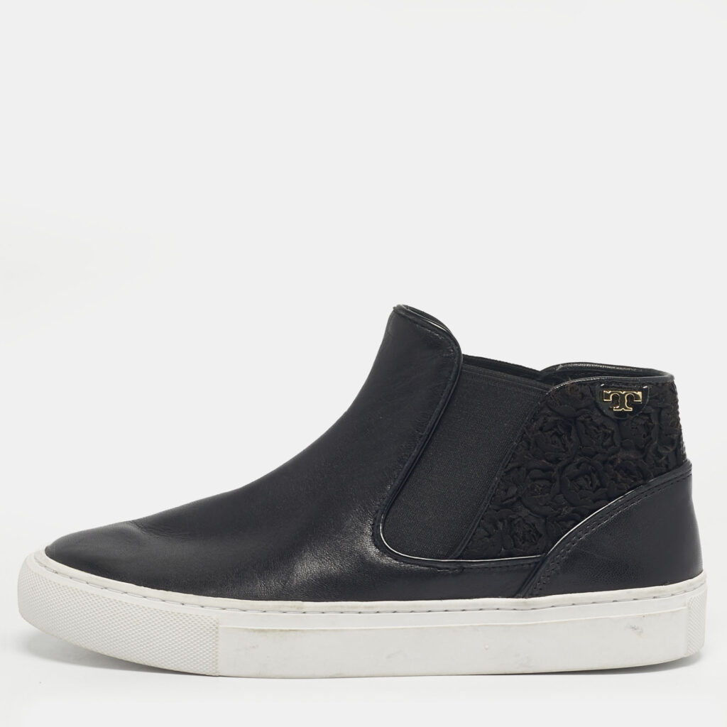 Tory Burch Black Lace and Leather Rosette High Top Nappa Sneakers Size 36