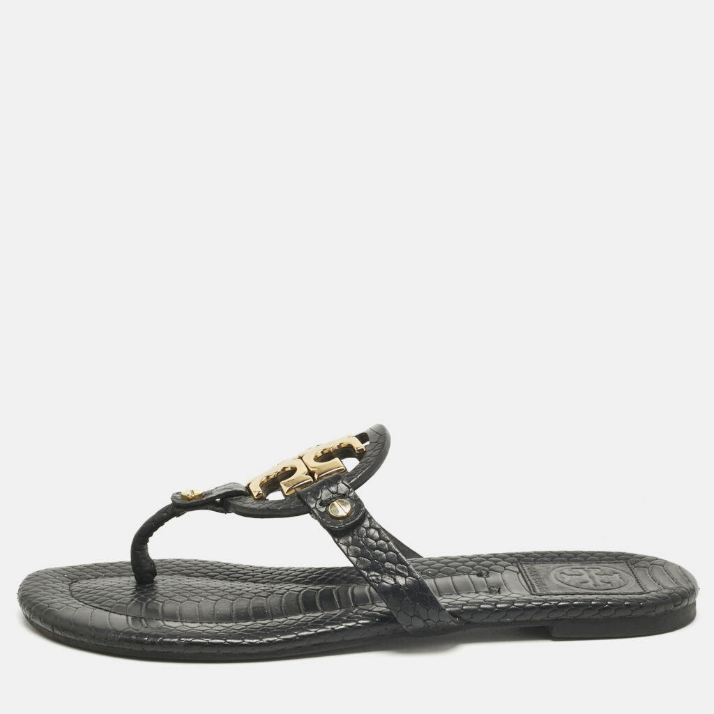 luxury-women-tory-burch-used-shoes-p1218436-003.jpg Tory Burch Black Python Embossed Leather Logo Miller Thong Flat Size 37