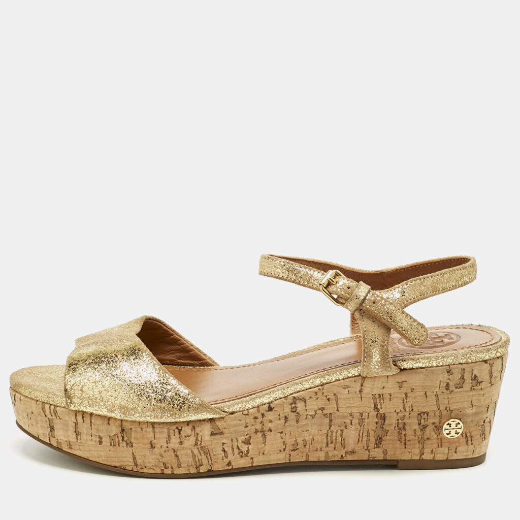 Tory Burch Gold Texture Suede Wedge Sandals Size 37.5