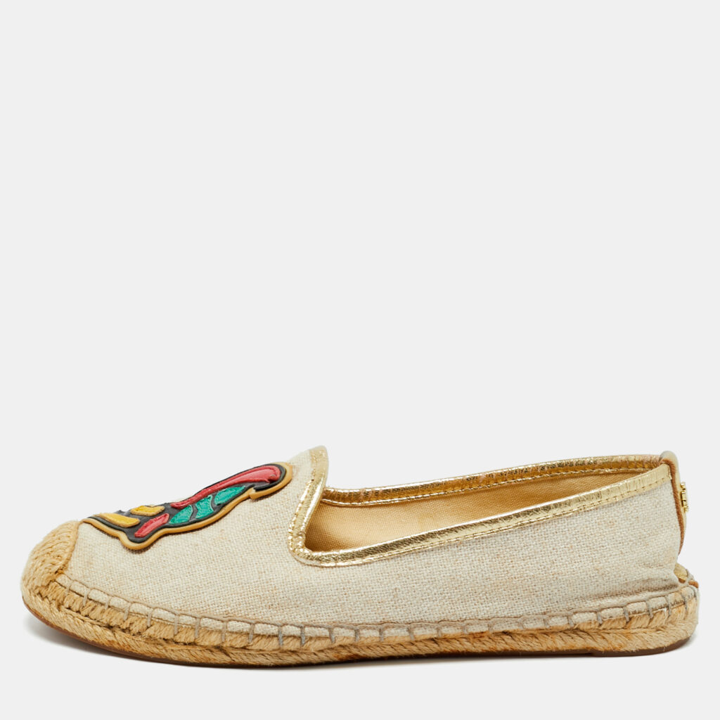 luxury-women-tory-burch-used-shoes-p1219016-001-1.jpg Tory Burch Beige Canvas and Leather Trim Parriot Espadrille Flats Size 36