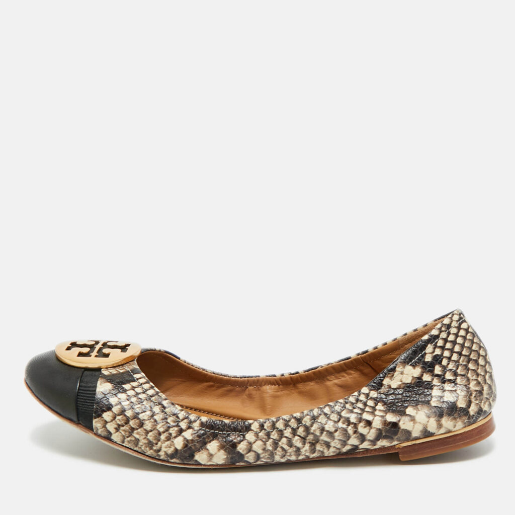 Tory Burch Beige/Brown Python Embossed Minnie Ballet Flats Size 37.5 Tory Burch Beige/Brown Python Embossed Minnie Ballet Flats Size 37.5